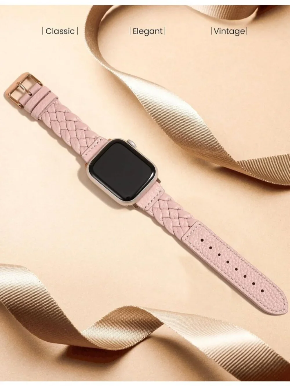 Women's Pink/Rose Gold Braided Leather Strap Compatible with Apple Wrist Watch